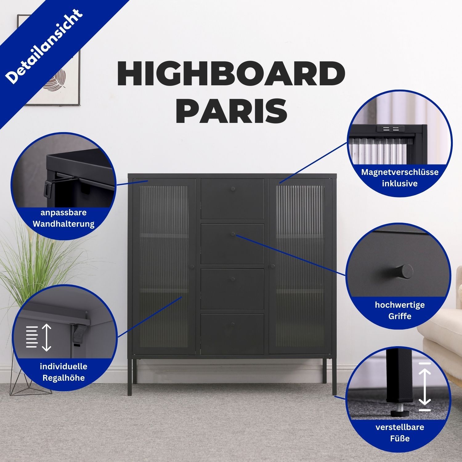 Mein-Regal Highboard Paris 105x35x110cm Metall 4 Schubladen Glastüren schwarz