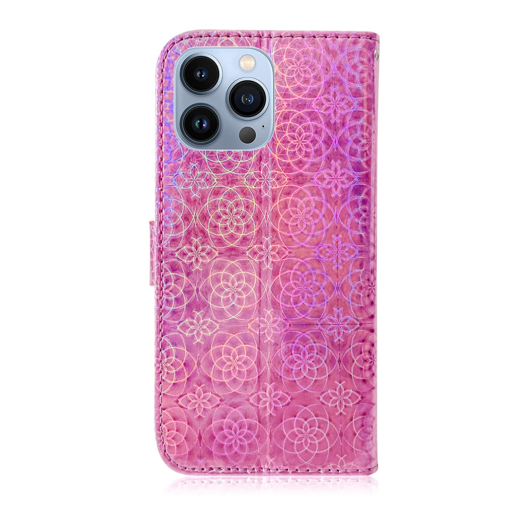 iPhone 13 Pro Leder Tasche Wallet mit Flower Laser Hologramm - Silber