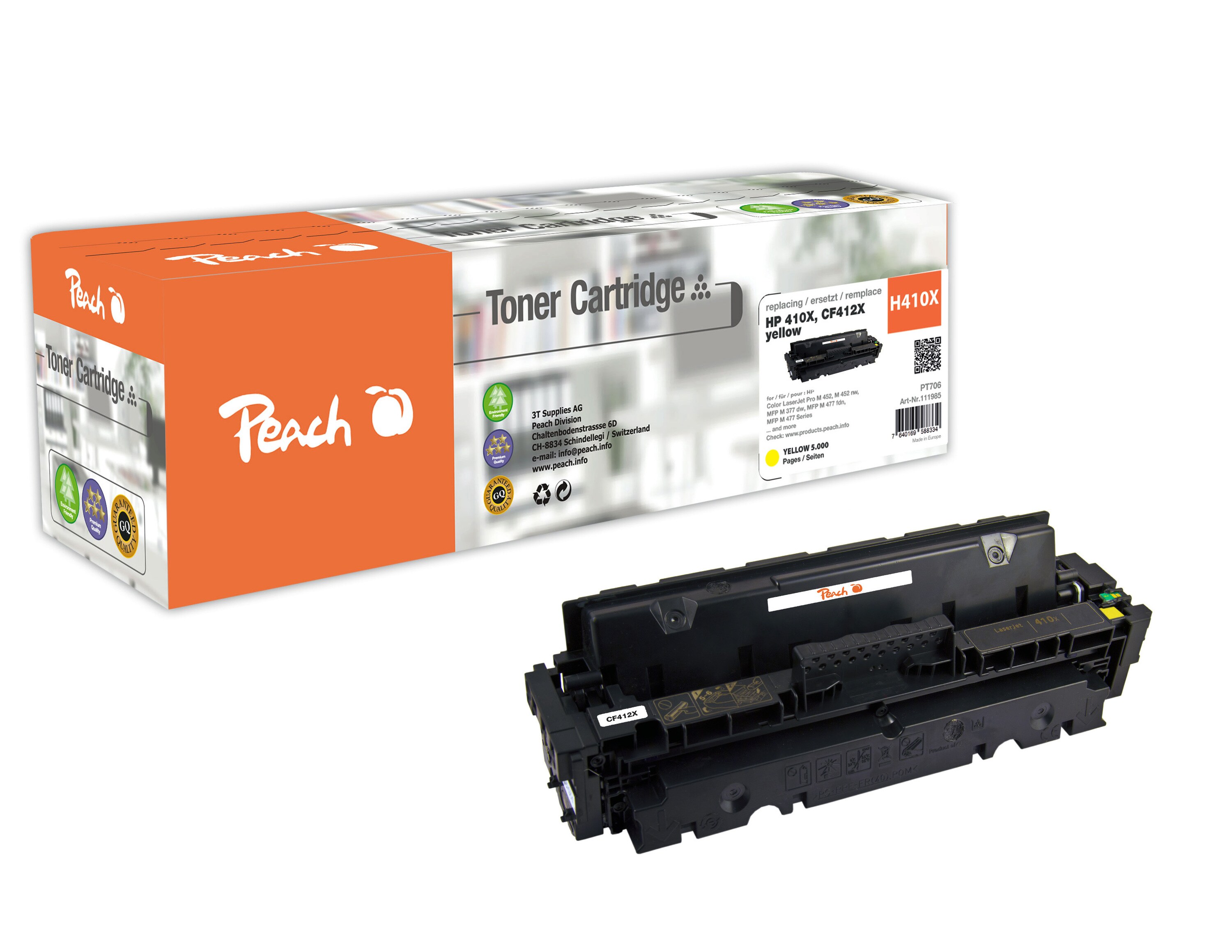 Peach HP 410 XY Toner XL ye ersetzt HP No. 410X Y, CF412X für z.B. HP Color LaserJet Pro M 452 nw, HP Color LaserJet Pro MFP M 477 fdw (wiederaufbereitet)
