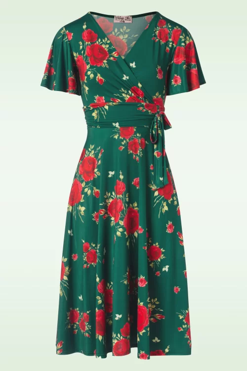 Vintage Chic for Topvintage Irene Flower Cross Over Swing jurk in silky green