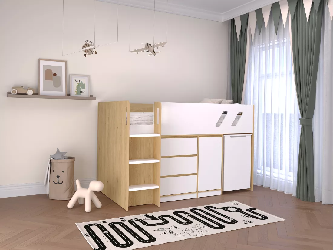 Lit combiné 90 x 190 cm avec bureau et rangements - Coloris : Naturel et blanc + Matelas - SAGITI