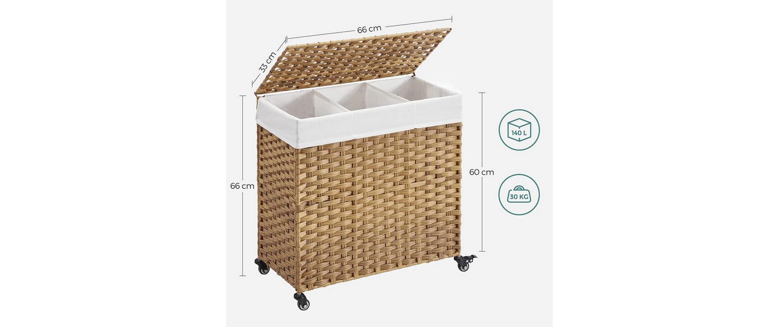 Wäschekorb 140 l, NatureWäschesammler mit Rädern