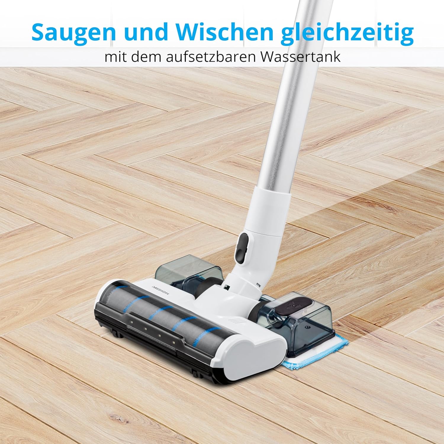 MEDION P400 W Stabstaubsauger mit Wischfunktion (kabellos, beutellos, Zyklon-Technologie, 400 Watt, 2in1 Stielstaubsauger Handstaubsauger, Akku, Staubsensor, HEPA H13, LED Touch Display, Bürstenrolle)