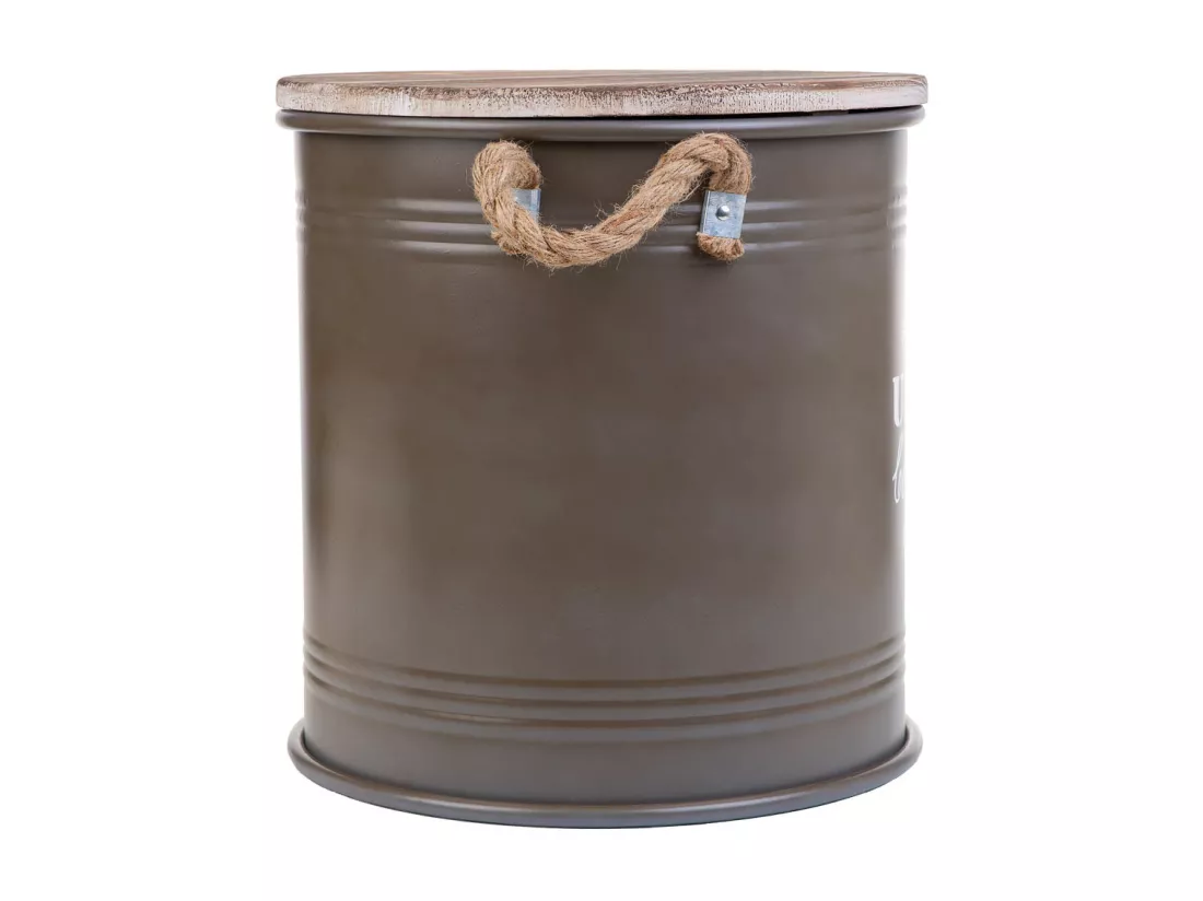 Boîte ronde en métal, couvercle en bois et poignées en corde imprimée grise D35x37h cm