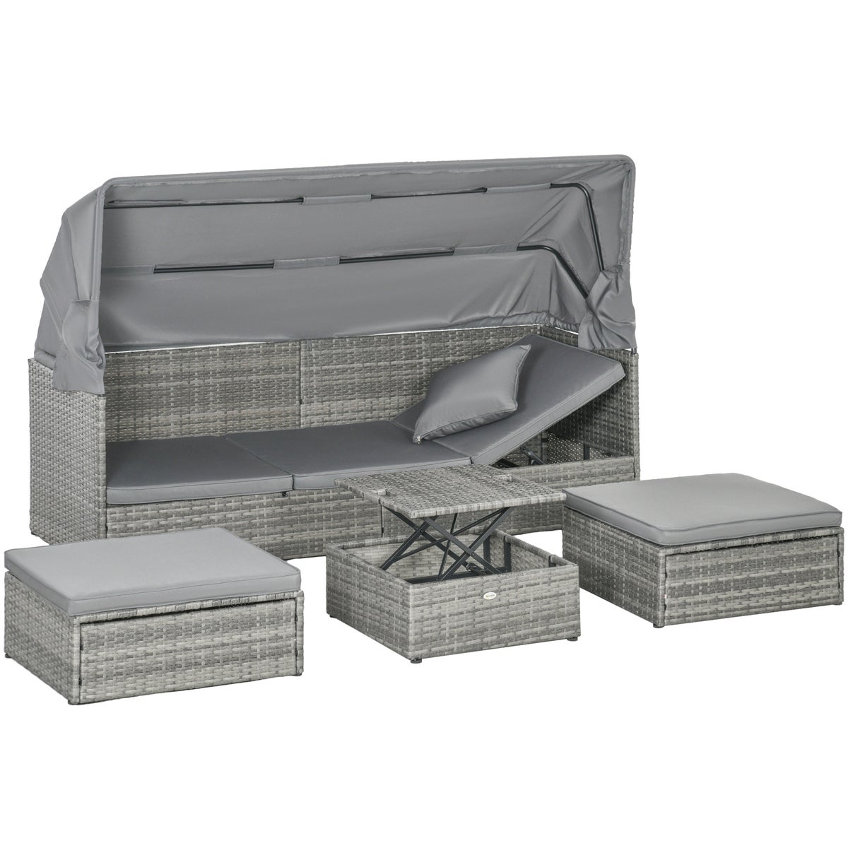 Outsunny 4-delige polyrotan tuinmeubelset, zitgroep met zonnescherm, in hoogte verstelbaar, kruk, zonne-eiland met verstelbare rugleuning, 200L x 68B x 74H cm, PE rotan, polyester, grijs