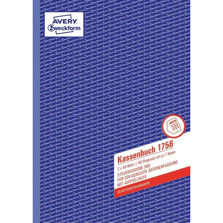 Avery Zweckform 1756 Kassenbuch, A4, EDV-gerecht, selbstdurchschreibend, 2x40 Blatt