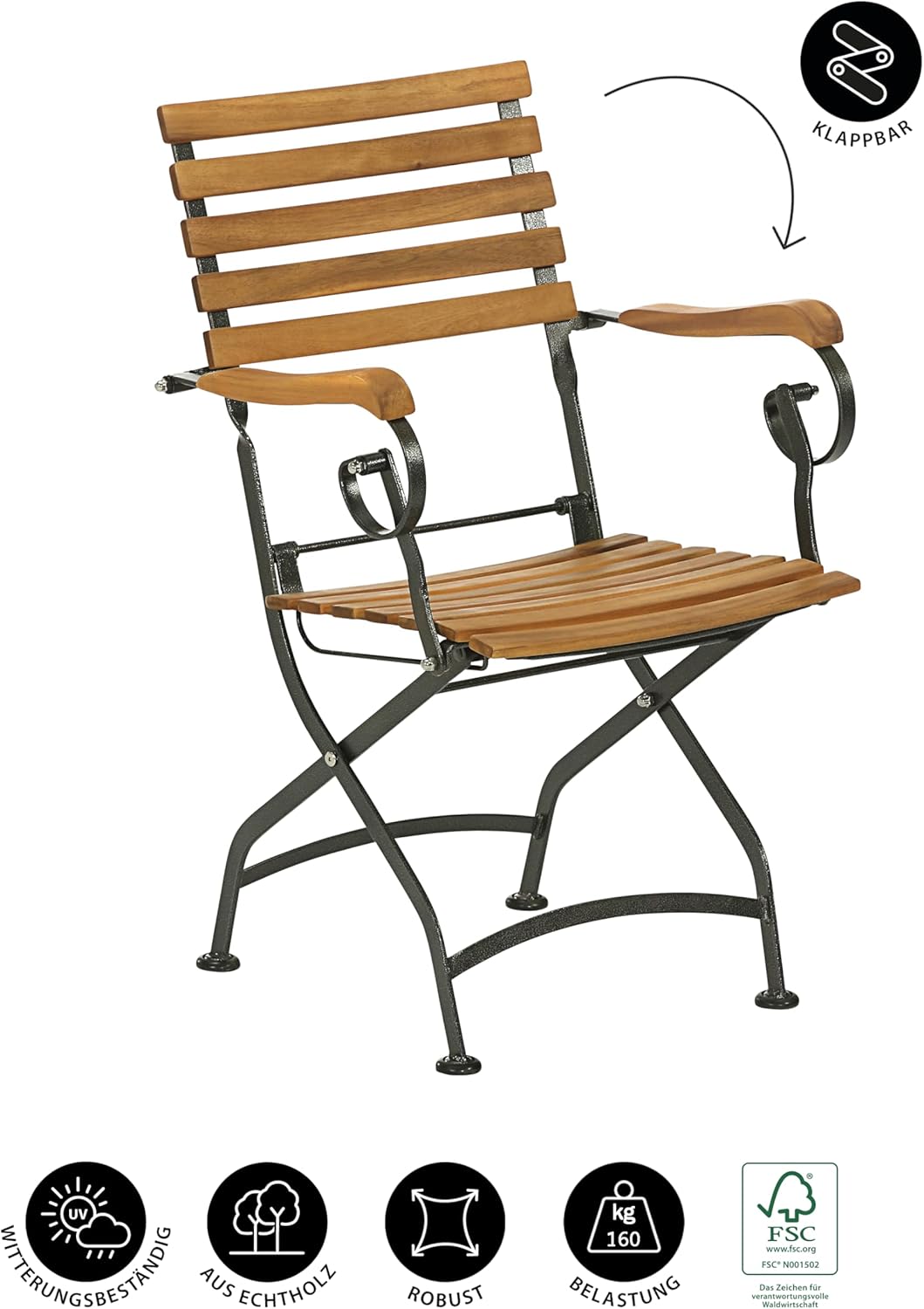 Dehner Klappsessel Tegernsee, ca. 88 x 57 x 56 cm, aus FSC® - zertifiziertem Akazienholz / Stahl, natur / schwarz