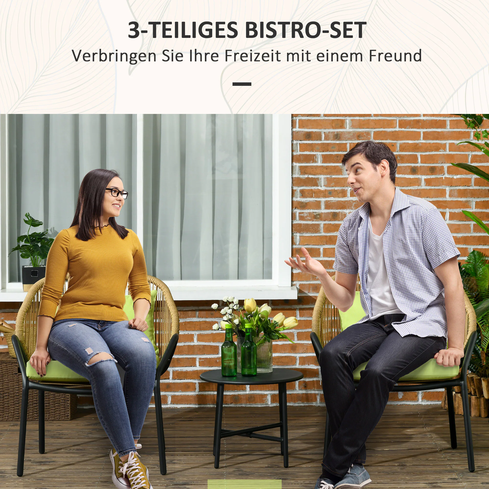 Outsunny Gartenbistro-Set mit Beistelltisch und Sitzkissen grün 65L x 60B x 77H cm