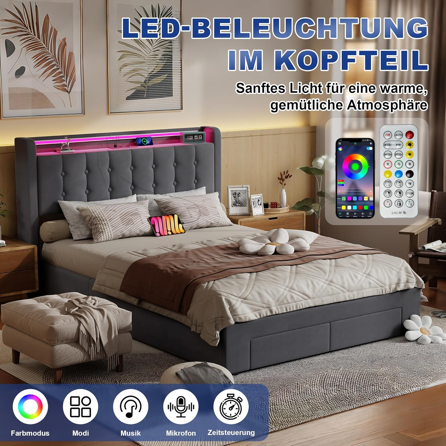 okwish Polsterbett 140x200 cm mit Bettkasten und Schublade, gepolstertes Kopfteil mit LED & USB und Stauraum, Bettgestell mit Lattenrost, Samt Dunkelgrau, als Jugendbett geeignet (ohne Matratze)