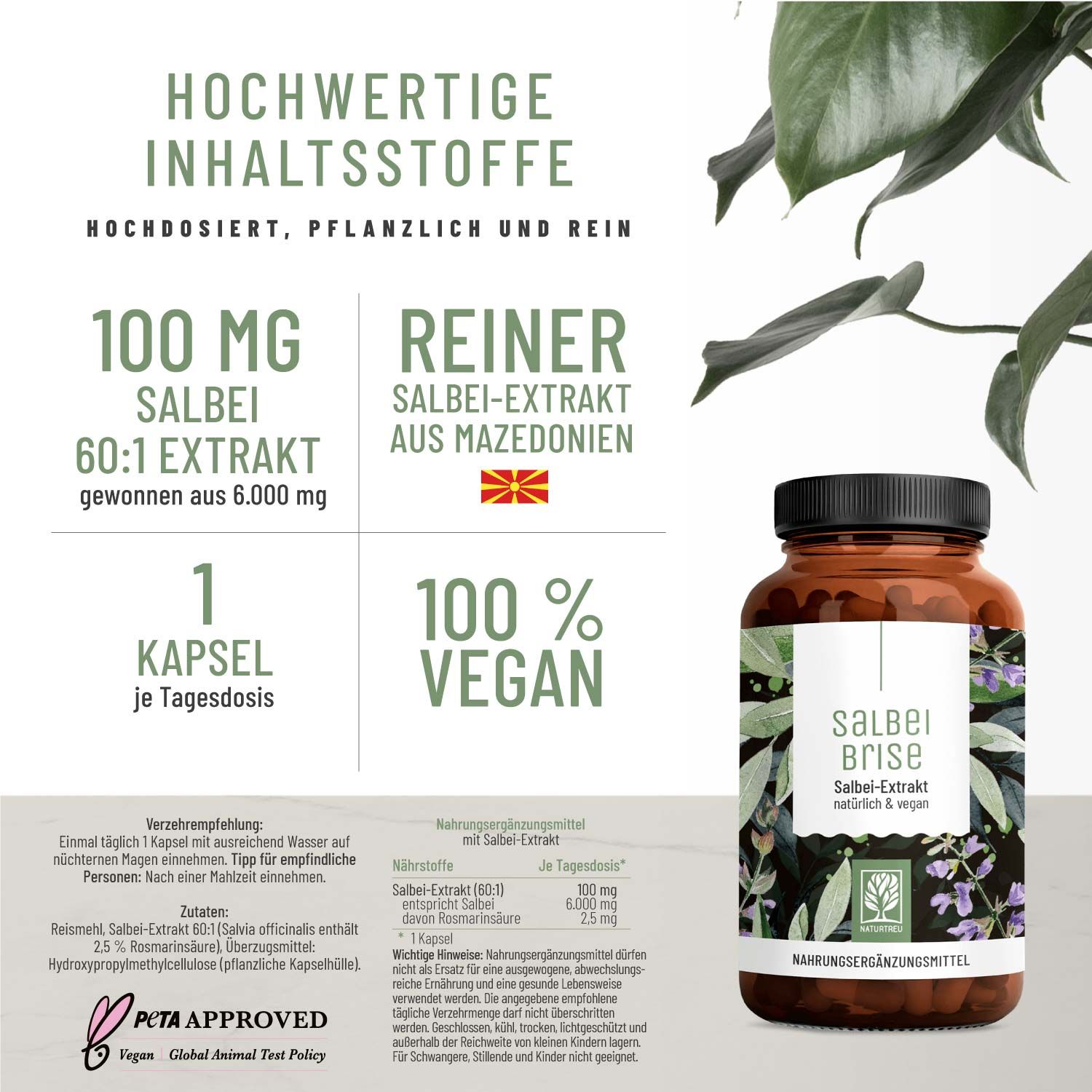 Salbei Komplex hochdosiert - 6000mg Salbei Extrakt pro Kapsel - Salbeibrise - NATURTREU®