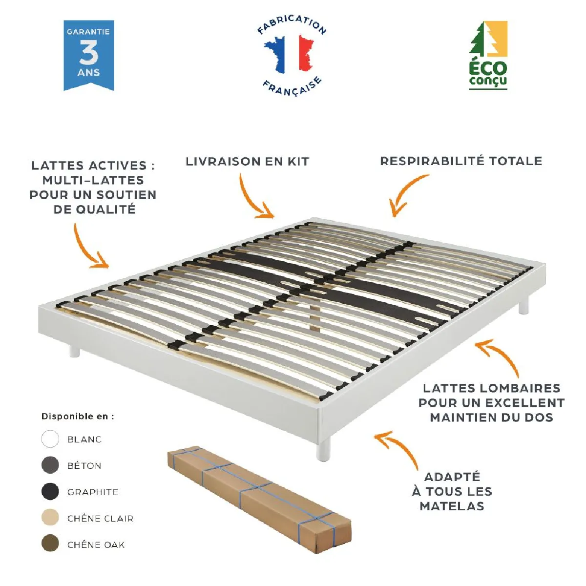 EBAC - Ensemble Matelas et sommier 140x190 - Décokit Blanc