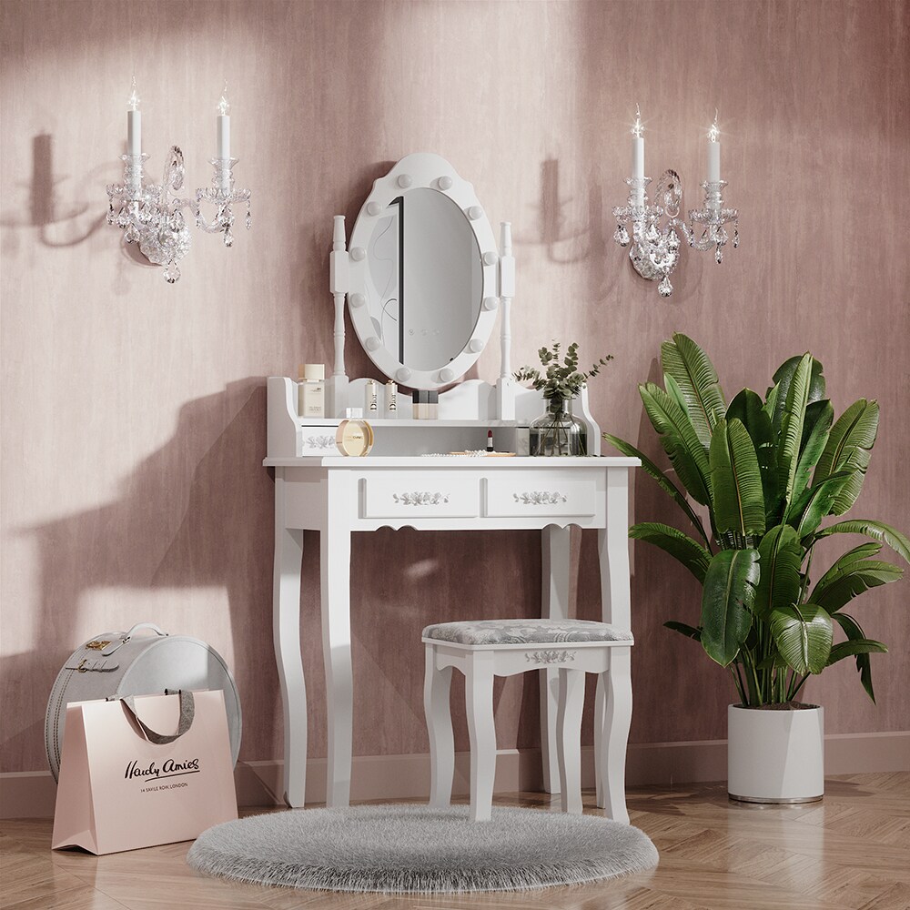 Vicco Schminktisch Frisiertisch Kosmetiktisch Maggie Weiß Schminkspiegel Hocker 75x147 Barock LED Beleuchtung Schlafzimmerkommode Schminkkommode Schublade Aufbewahrung Frisierkommode Make-Up-Tisch