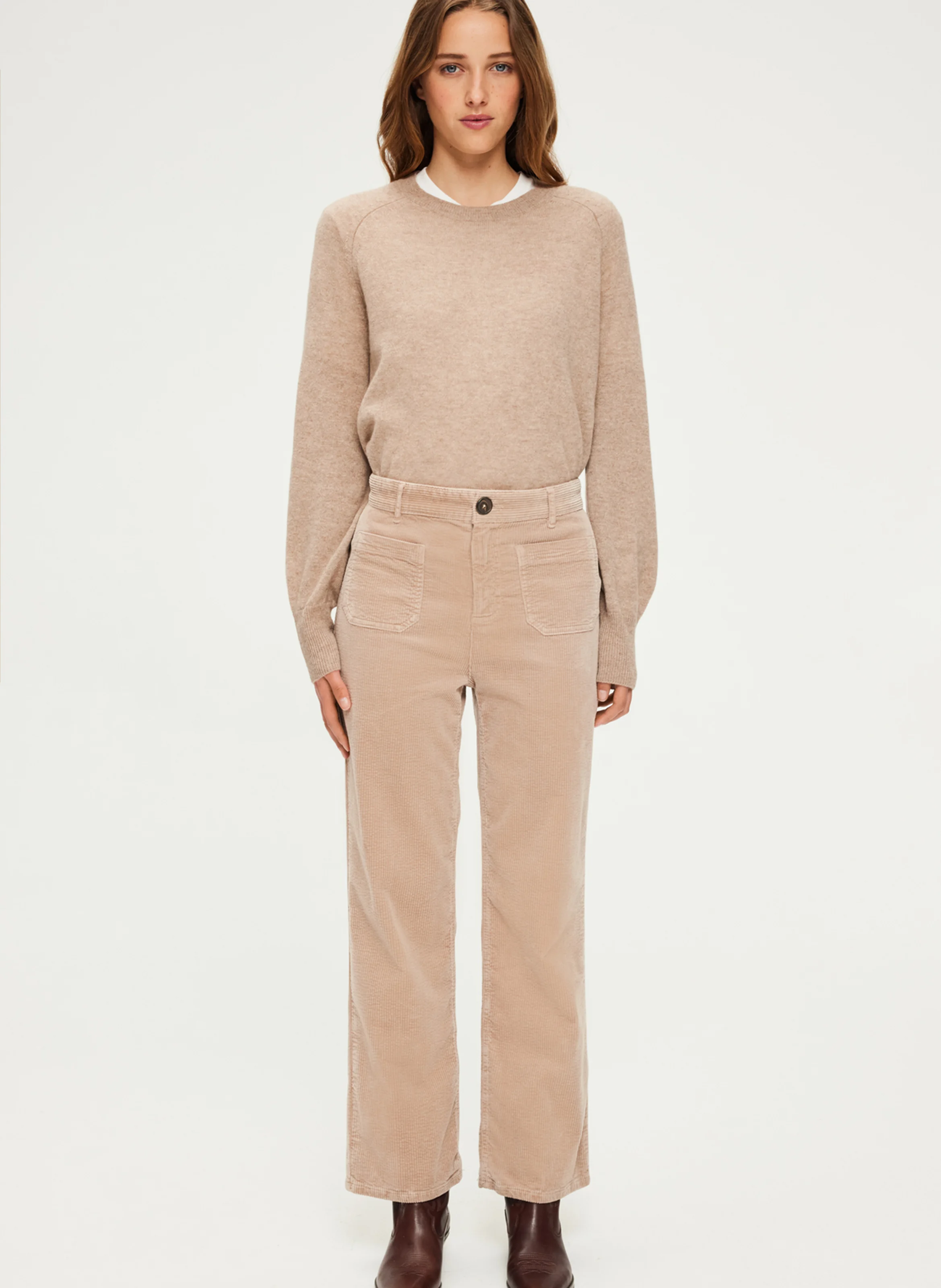 NANETTE - Pantalon droit en velours beige de coton | Beige