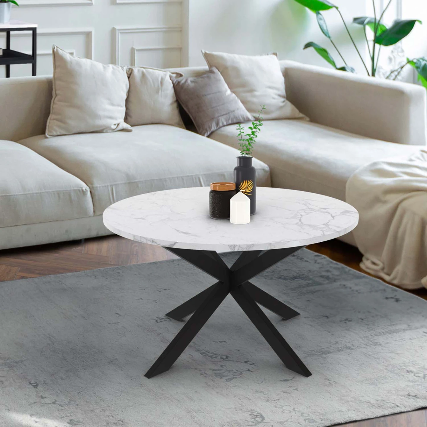 Table basse ronde ALASKA 70 cm plateau effet marbre blanc et  pied araignée métal noir