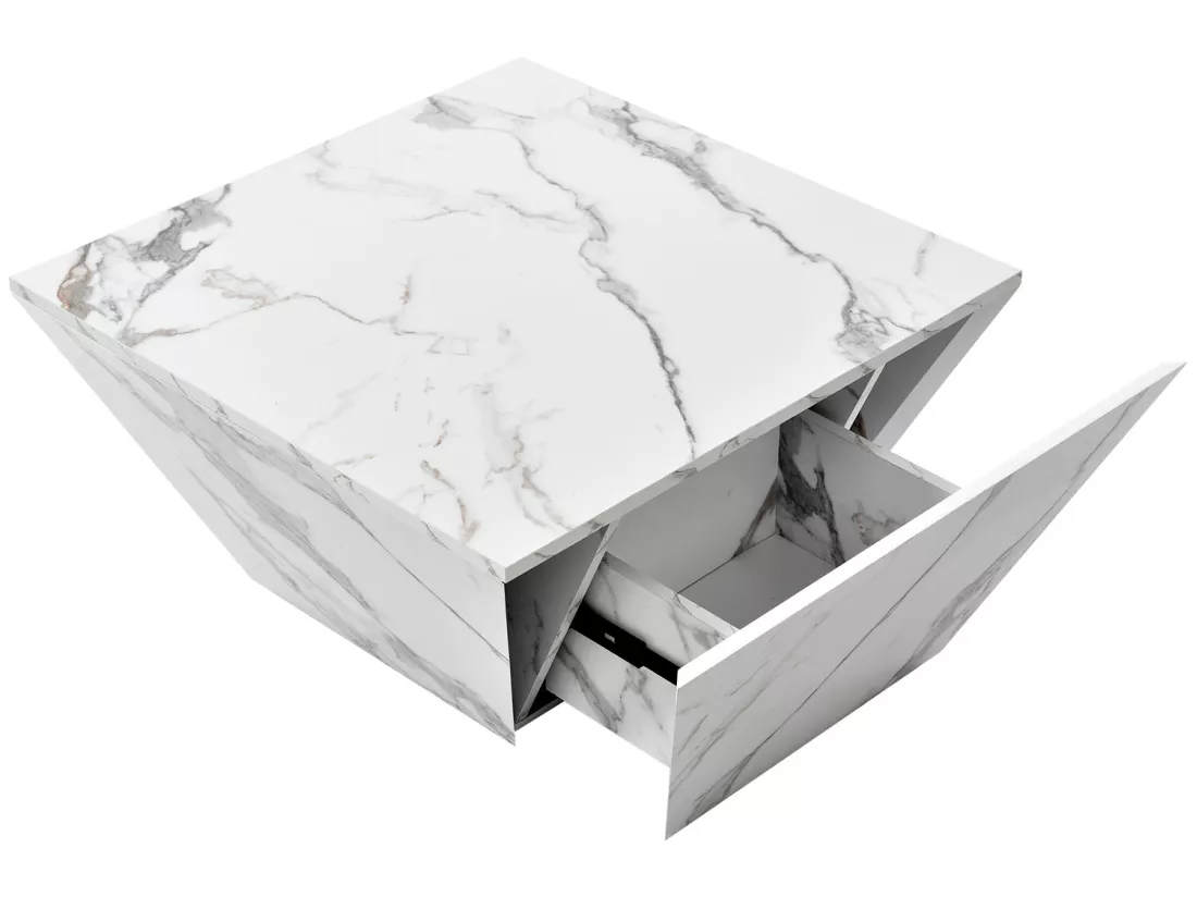 Table basse moderne - avec 2 tiroirs - placage à motif marbre - Blanc