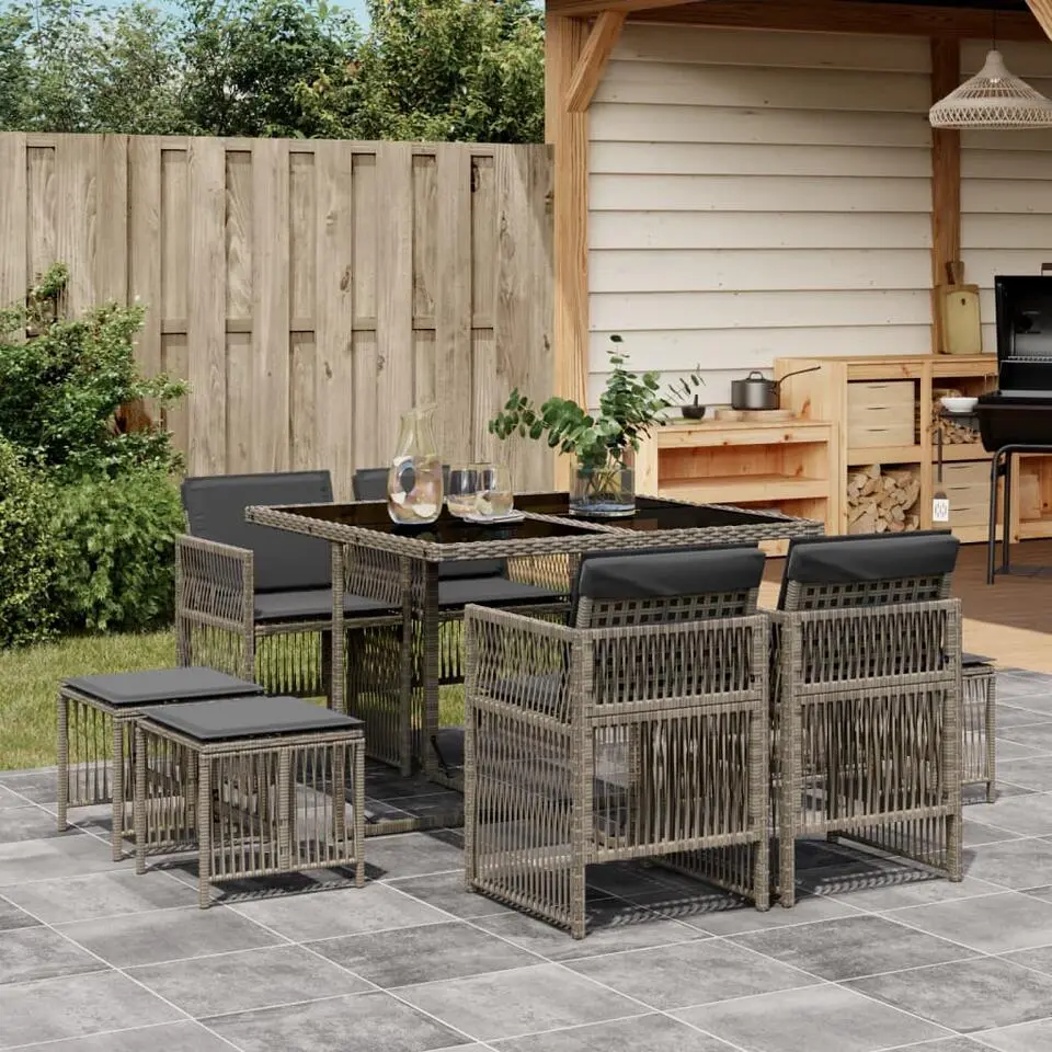 vidaXL - 9-delige Tuinset 4 krukken - Grijs - PE rattan en staal - 110x106 cm