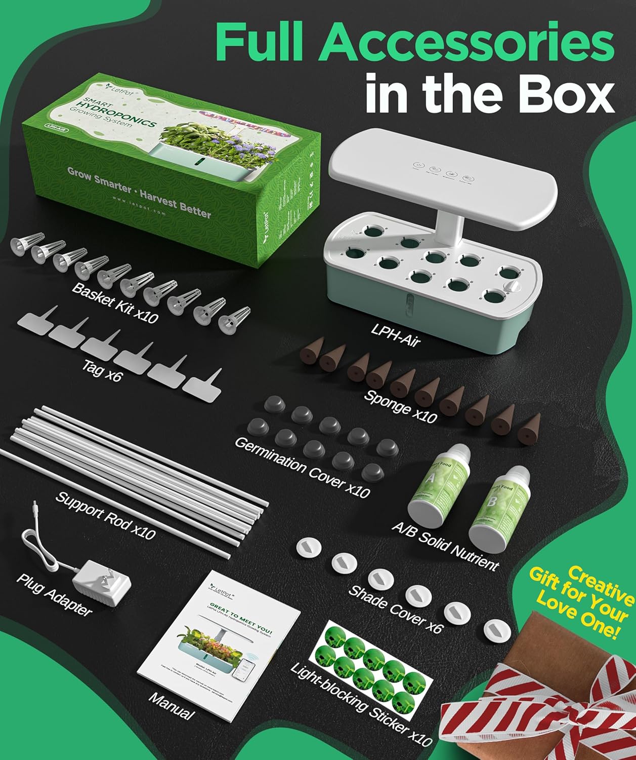 LetPot LPH-Air WiFi Hydroponisches Anzuchtsystem, 10 Hülsen Smart Herb Garden Kit für Innenräume, Indoor Garten mit 24W LED Wachstumslicht, 4L Wassertank, Pumpsystem, automatischer Timer