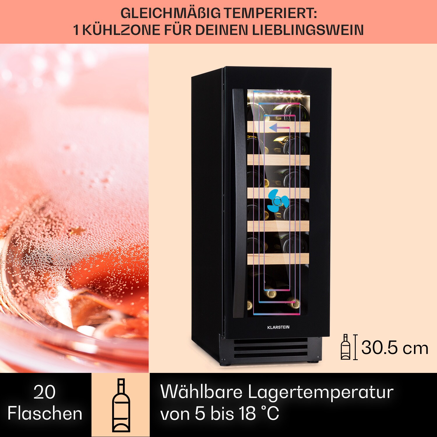 Vinovilla 20 Built-In Weinkühlschrank 50l / 20 Flaschen Glastür Edelstahl Schwarz 50 Liter / 20 Flaschen