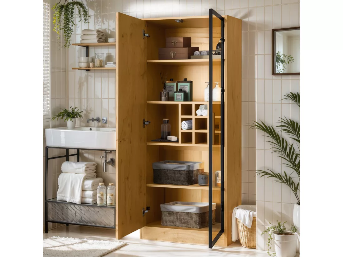 Vitrine, Meuble de salle de bain avec 2 portes vitrées - 60 x 35 x 160 cm - Bois MDF - LEDs - Naturel