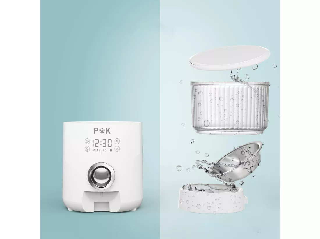 p&k M80 LCD Distributeur de Croquettes 4L pour Chats/Chiens, avec Bol en Acier Inoxydable Fonction d'enregistrement 5 Repas par Jour , Blanc