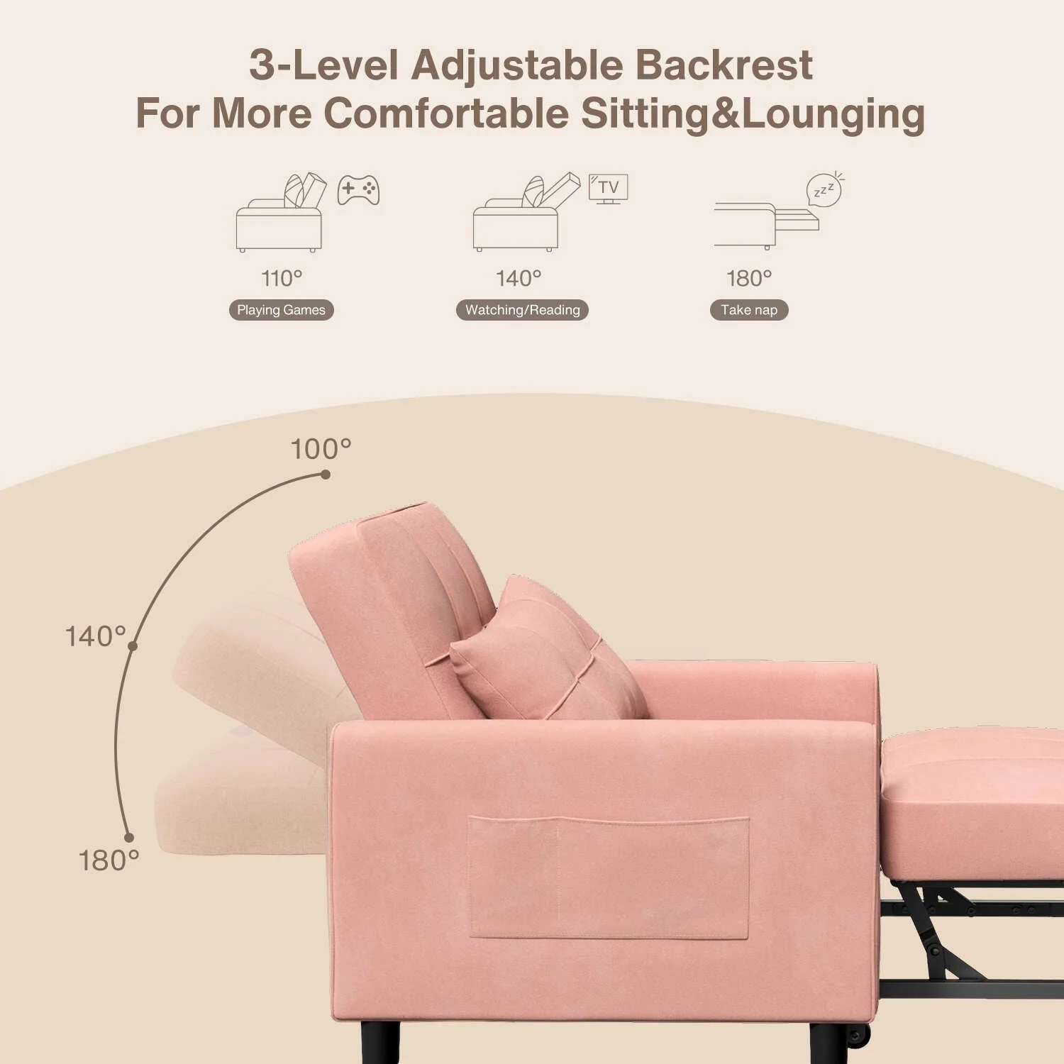 3-in-1 Adjustable Sleeper Sofa Bed, Pull Out Chair Sofa, Convertible Folding Bed for Living Room