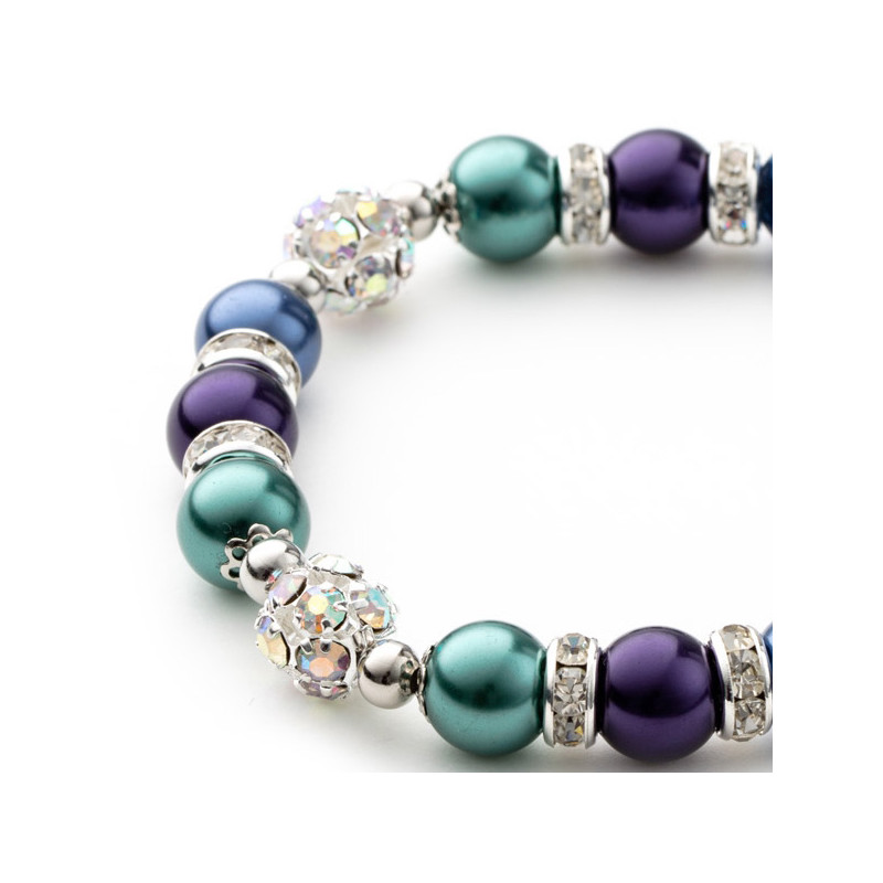 Bracelet 1 Rang en Perles Bleu et Violet, Cristal et Plaqué Rhodium