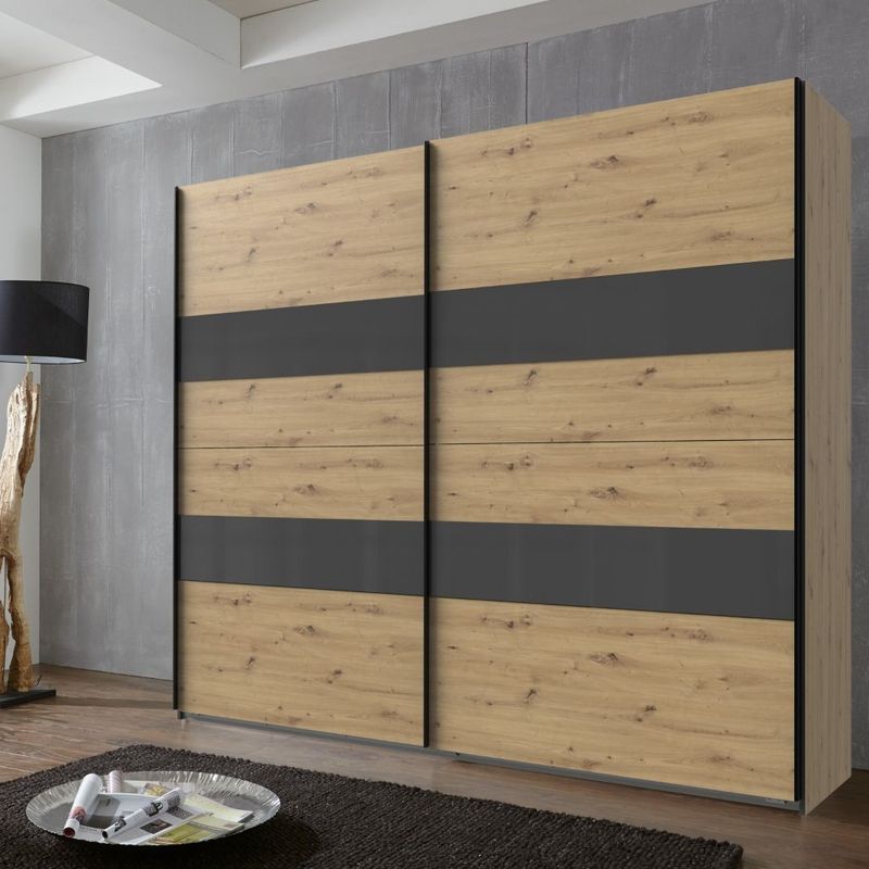 Kledingkast Mierlo - Hout - Naturel - 225x236x65 cm (BxHxD) - Schuifdeuren - Hang-legkast - Met 4 Legplanken en 2 Roedes