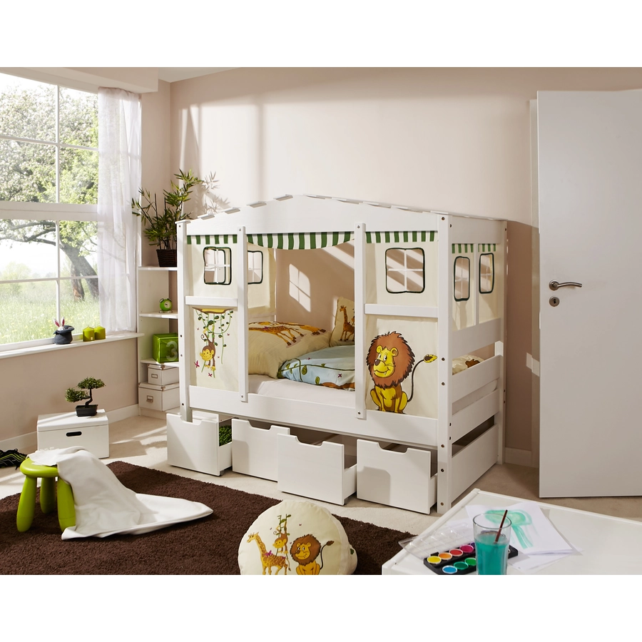 TiCAA Hausbett Mini mit 4 Schubladen Safari