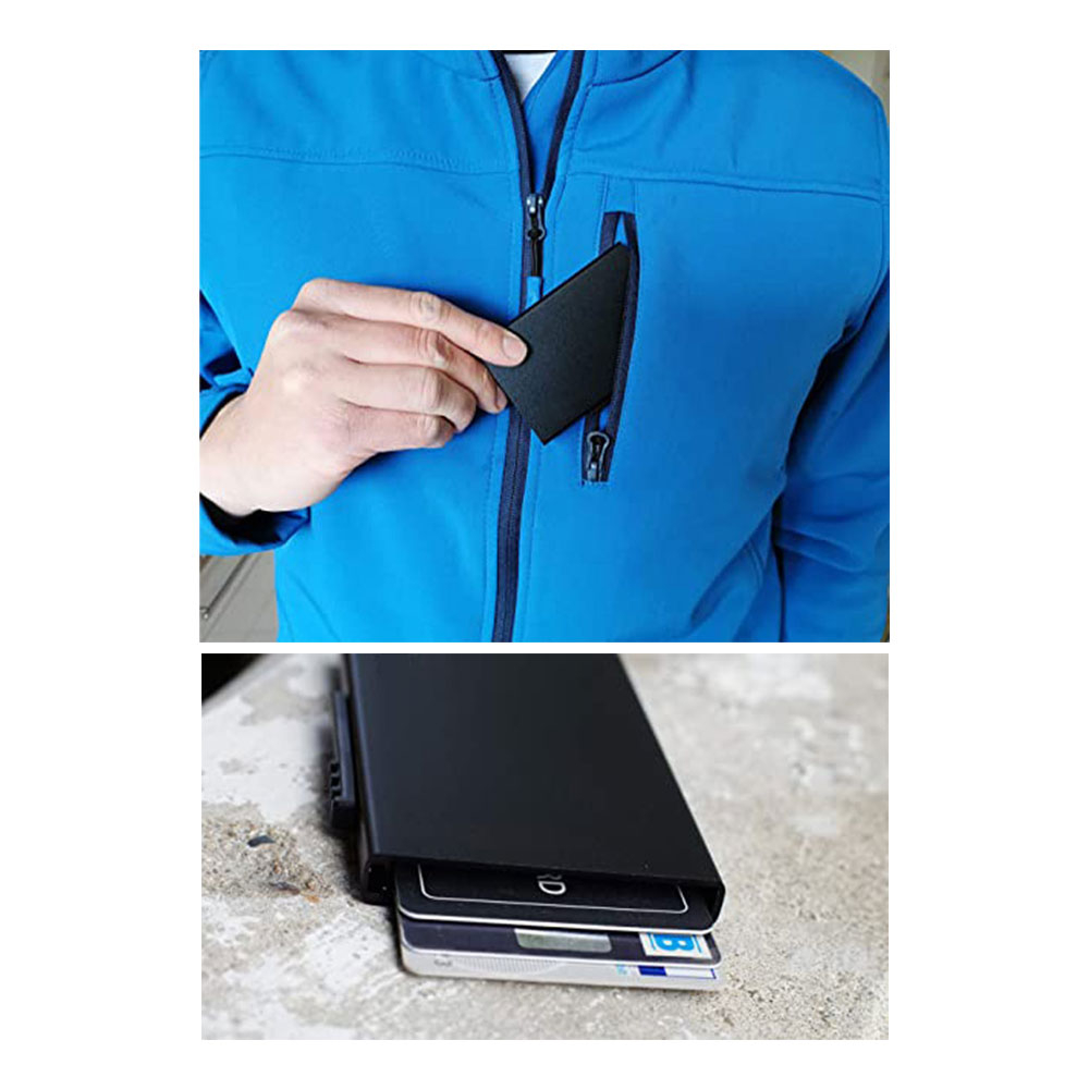 Mini Kreditkarten Alu Etui mit Kartenauswurf-Mechanismus (RFID Schutz) - Blau