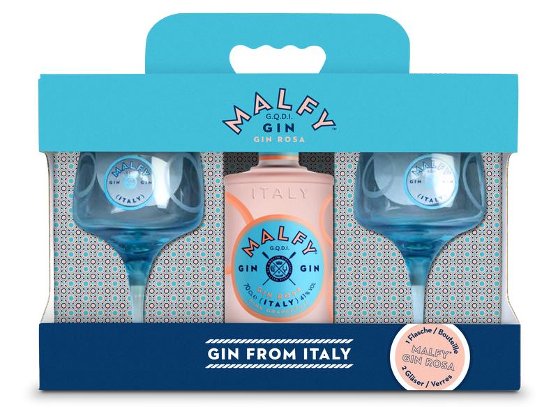 Malfy Geschenkset Gin Rosa 0.7 l & 2 Gläser Geschenkbox mit fruchtiger Spirituosen Spezialität aus Italien und zwei Gläsern