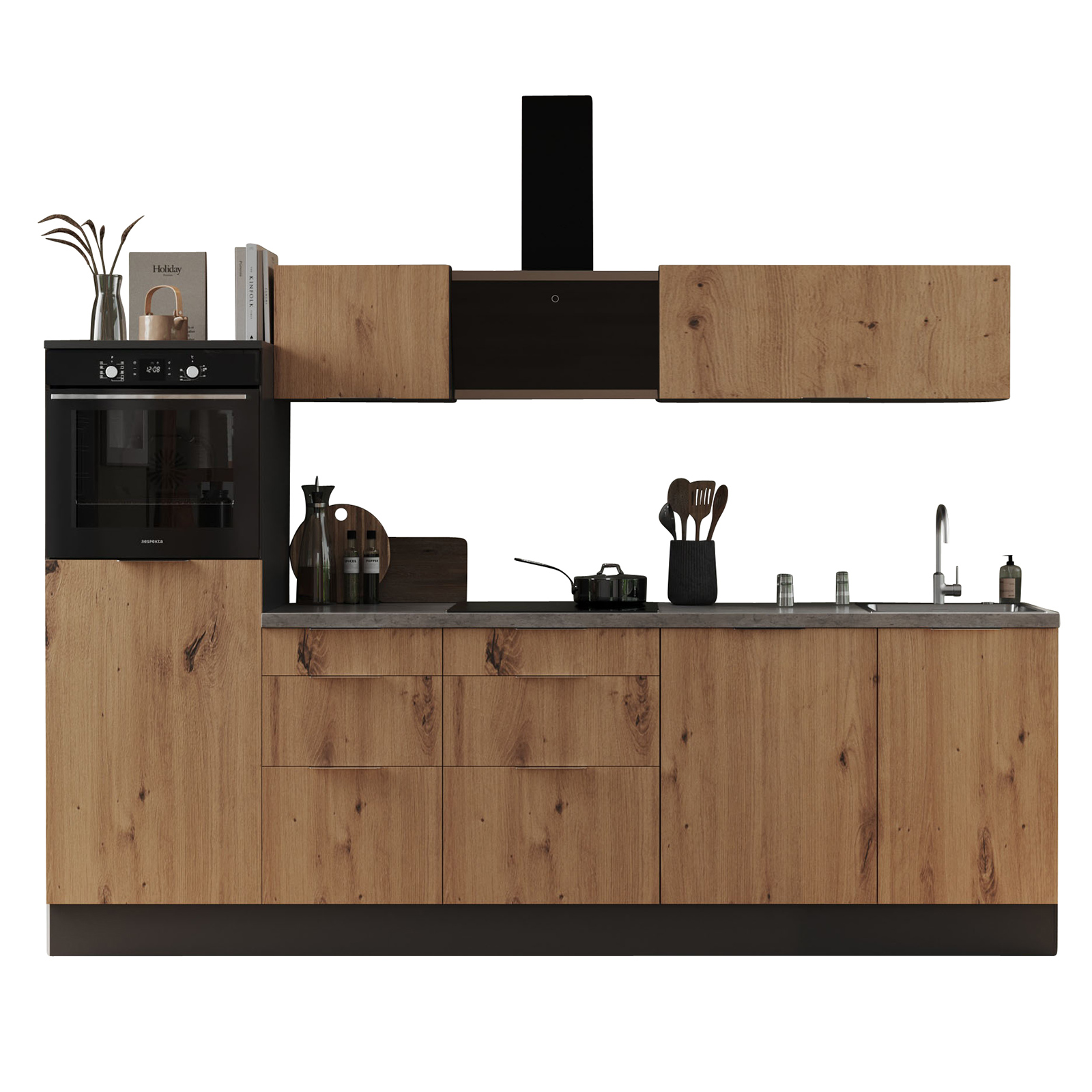 RESPEKTA Küchenblock - Artisan Eiche - grau matt - mit E-Geräten - 280 cm
