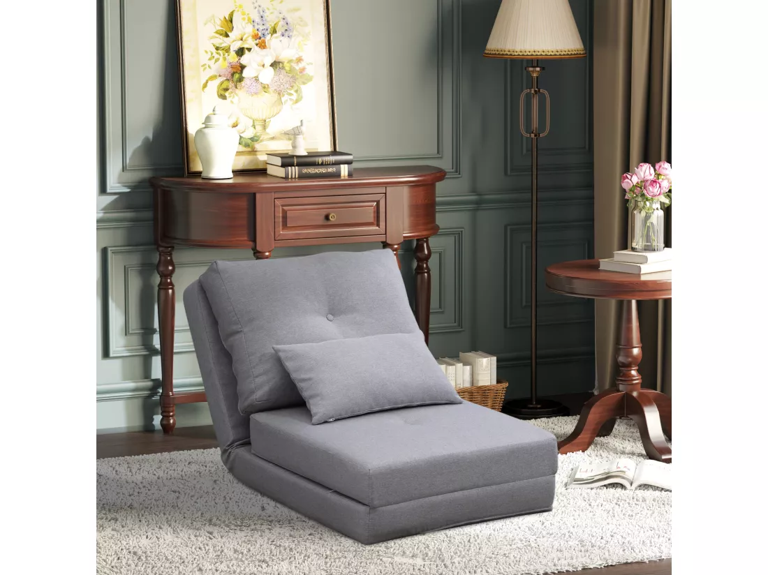 Chauffeuse dossier inclinable - fauteuil convertible - 2 coussins inclus - tissu lin gris clair
