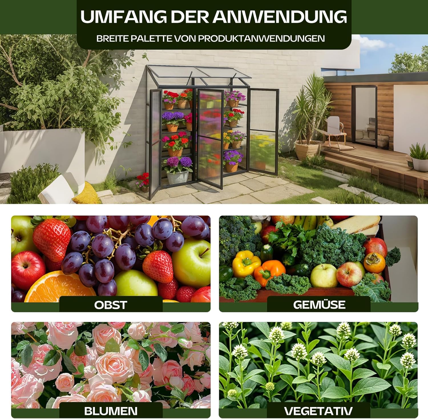 Anlehngewächshaus Aluminium Beistell-Gewächshaus (Schwarz) – 180x54x190cm, 3 Türen & 2 Oberlicht, geeignet für Zitronenbaum-Töpfe, Chrysanthemen & weitere Pflanzen, Greenhouse