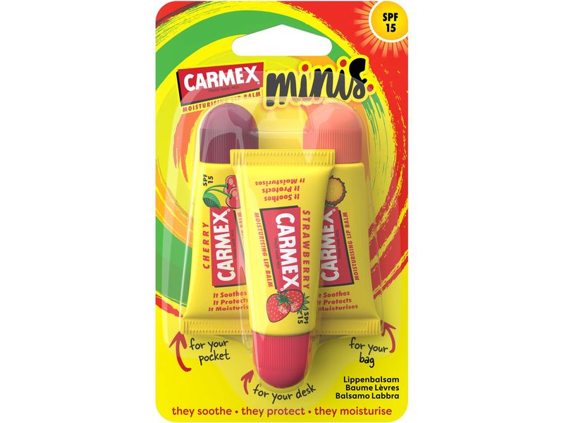 Carmex Lippenpflege Tube MINIS SPF15 3-Pack Lippenpflege bietet langanhaltende Feuchtigkeit und Schutz