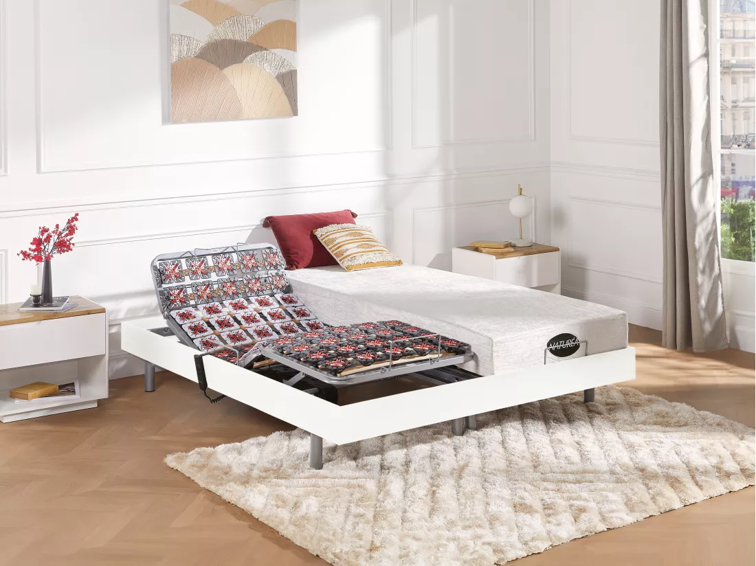 Lit électrique de relaxation tout plots + matelas mémoire de forme et bambou - 2 x 70 x 190 cm - Blanc - LYSIS III de NATUREA