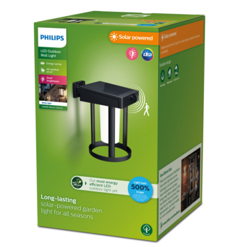 Philips solar wandlamp rond Camill zwart opaal licht met bewegingssensor