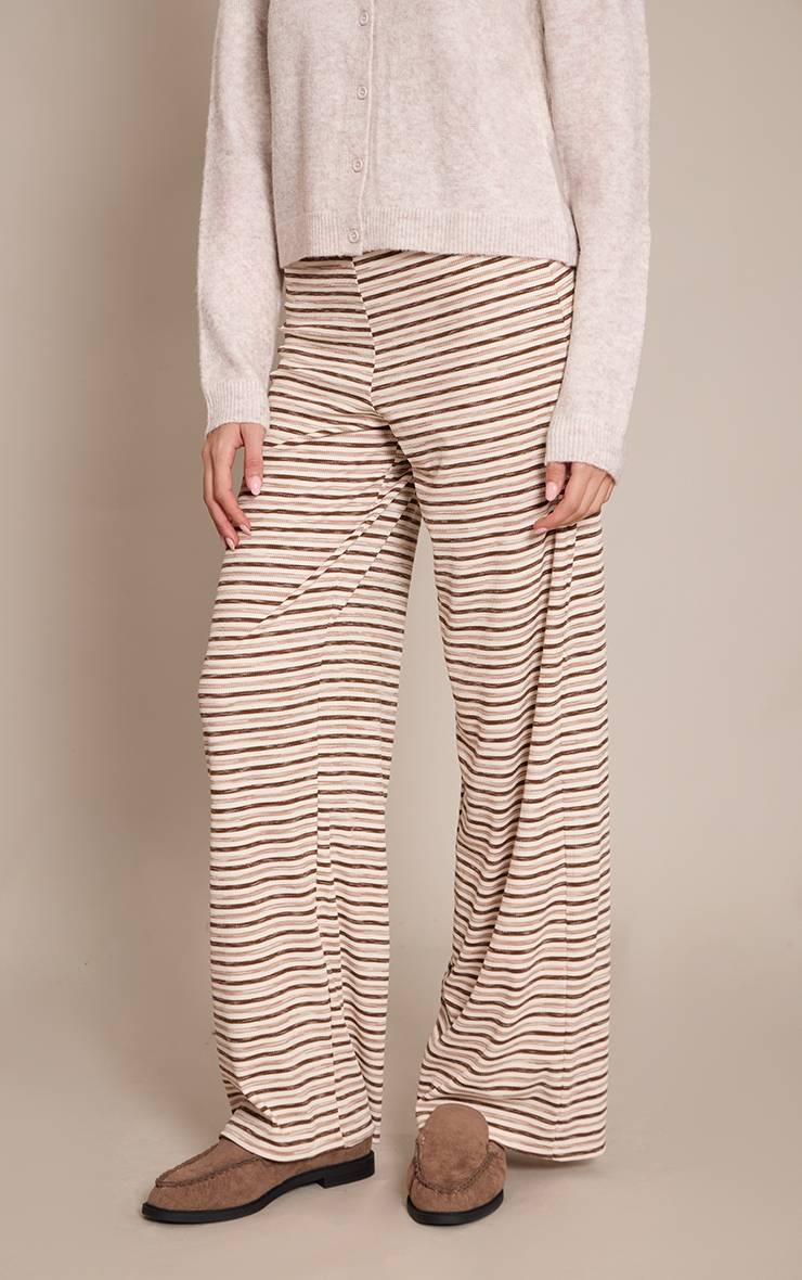Light Brown Pantalon Droit Taille Basse En Maille Côtelée Douce À Rayures