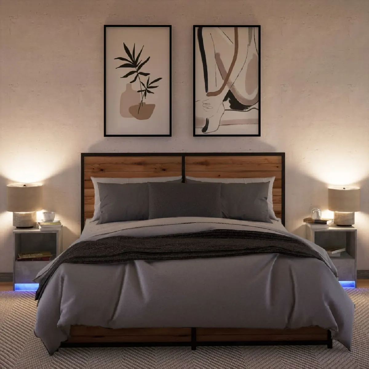 vidaXL Armoires de chevet et lumières LED - Gris béton