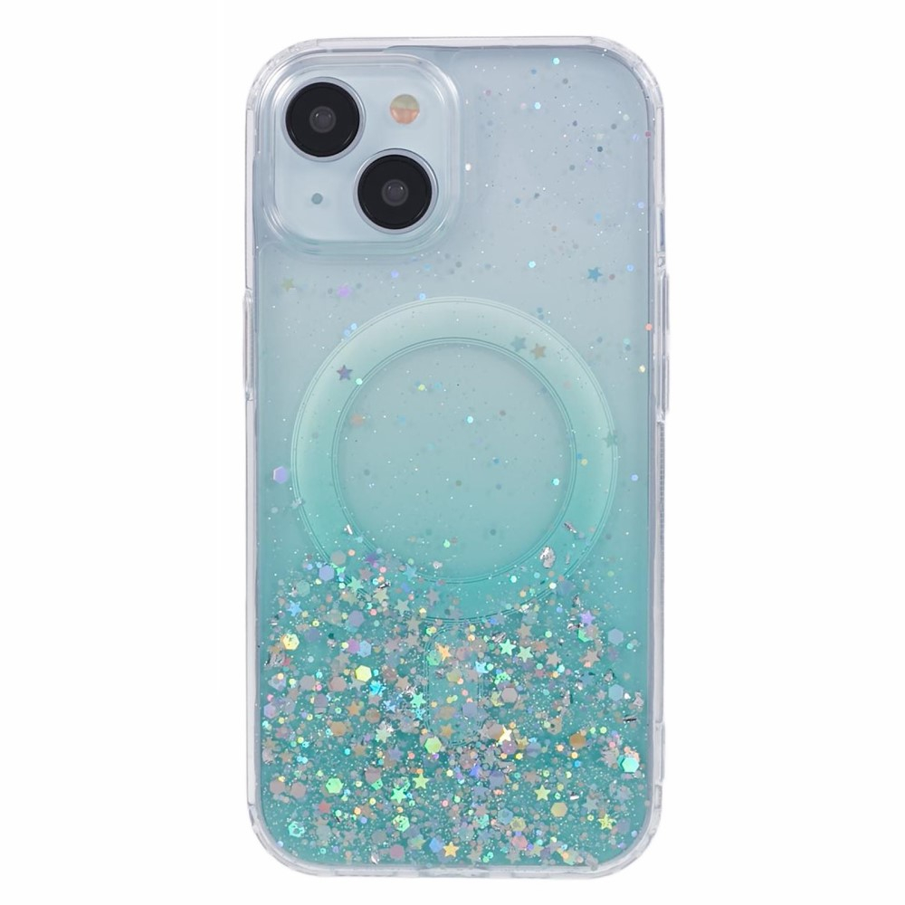 iPhone 14 MagSafe Hülle mit Acryl Rückseite und Farbverlauf im Glitzer Design - Türkis