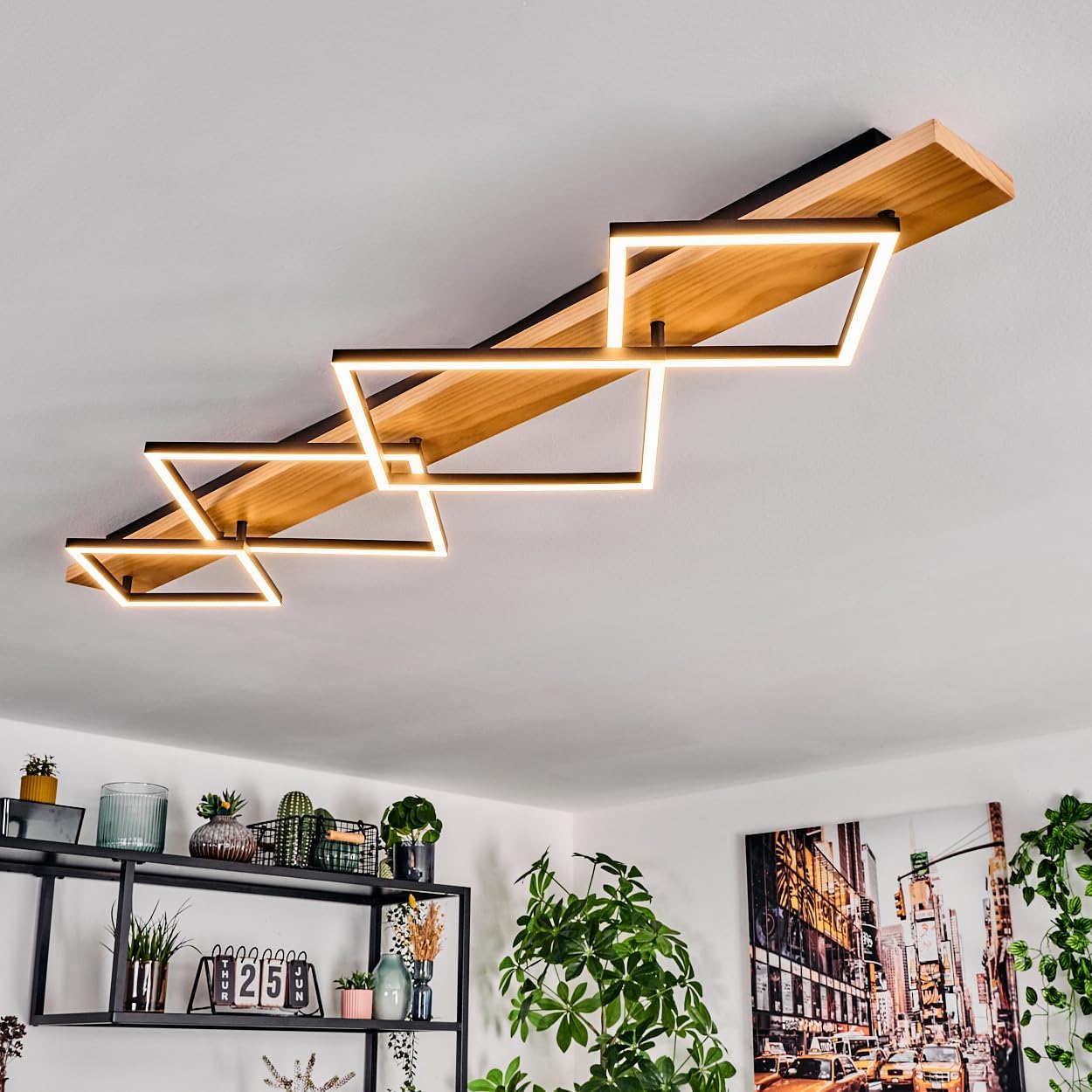HOFSTEIN LED Deckenleuchte Pompu, Deckenlampe aus Metall/Holz/Kunststoff in Natur/Schwarz/Weiß, 56 Watt, 7600 Lumen, 3000 Kelvin, moderne Leuchte für Schlafzimmer, Esszimmer, Wohnzimmer, Küche, Flur