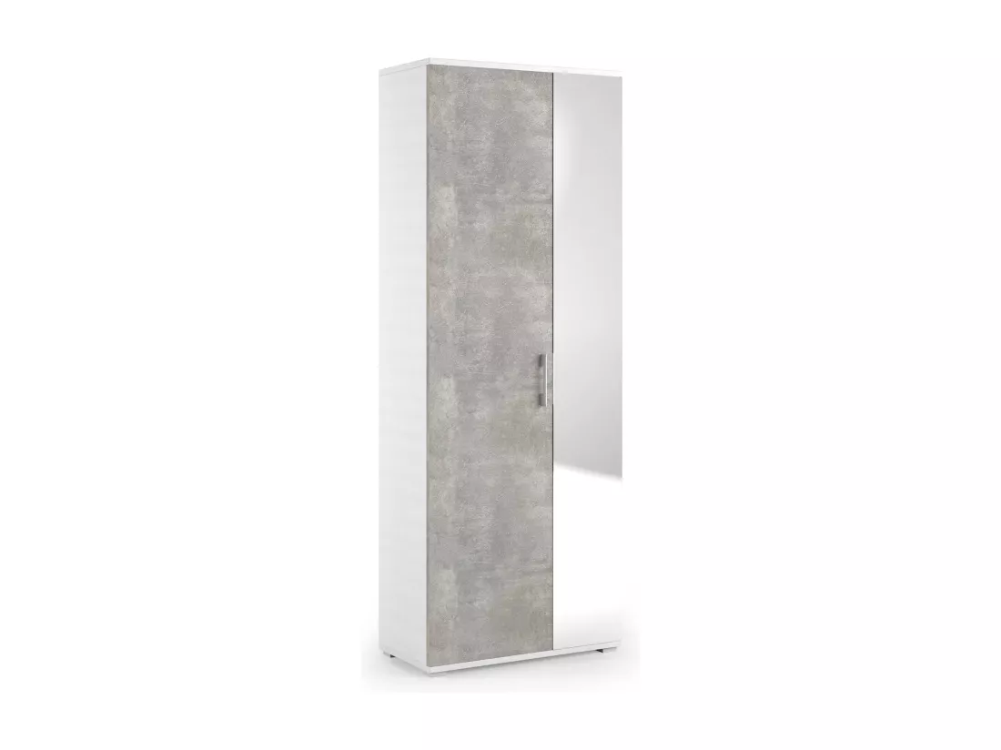 Étagère à chaussures Dminiat, meuble d'entrée polyvalent avec porte miroir, meuble à chaussures moderne avec 6 étagères, 100% Made in Italy, 72x37h195 cm, Blanc et Ciment