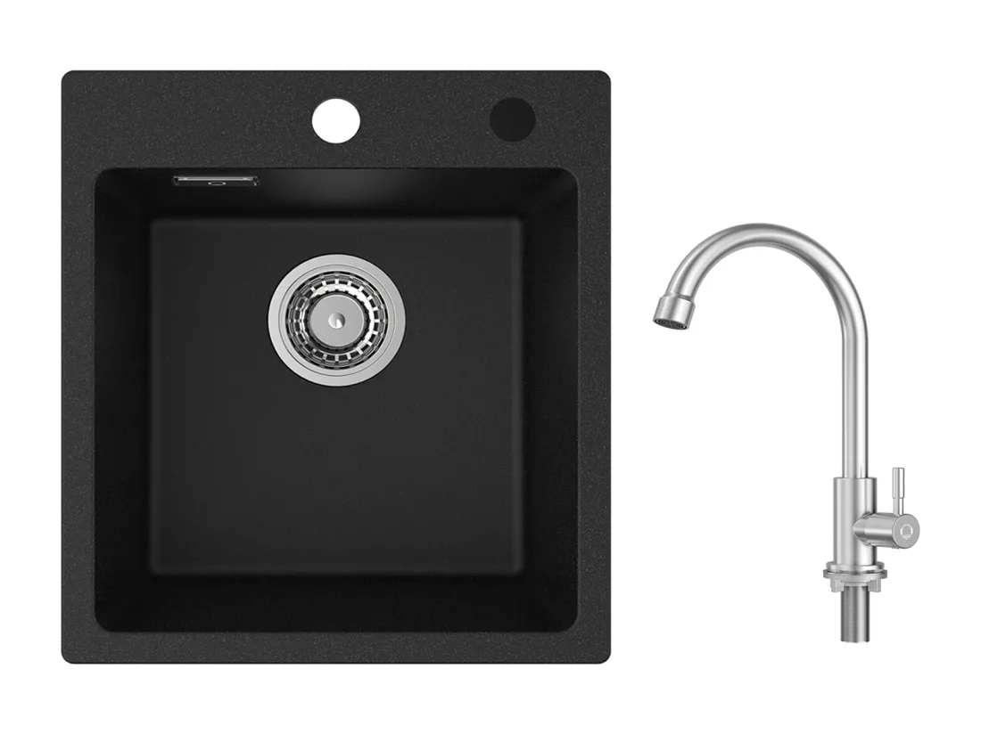Cecipa MAX 40x45cm Noir Evier de Cuisine en Quartz et Résine Evier 1 Bac + Robinet de Cuisine à eau Froide,Brossé