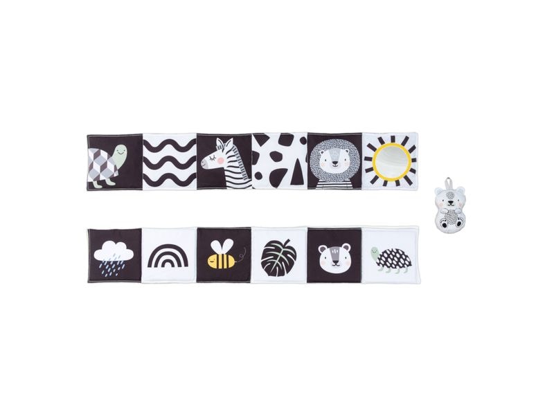 TAF-TOYS Spielbuch Savannah Black & White 0M Ein doppelseitiges, weiches und knisterndes Babybuch