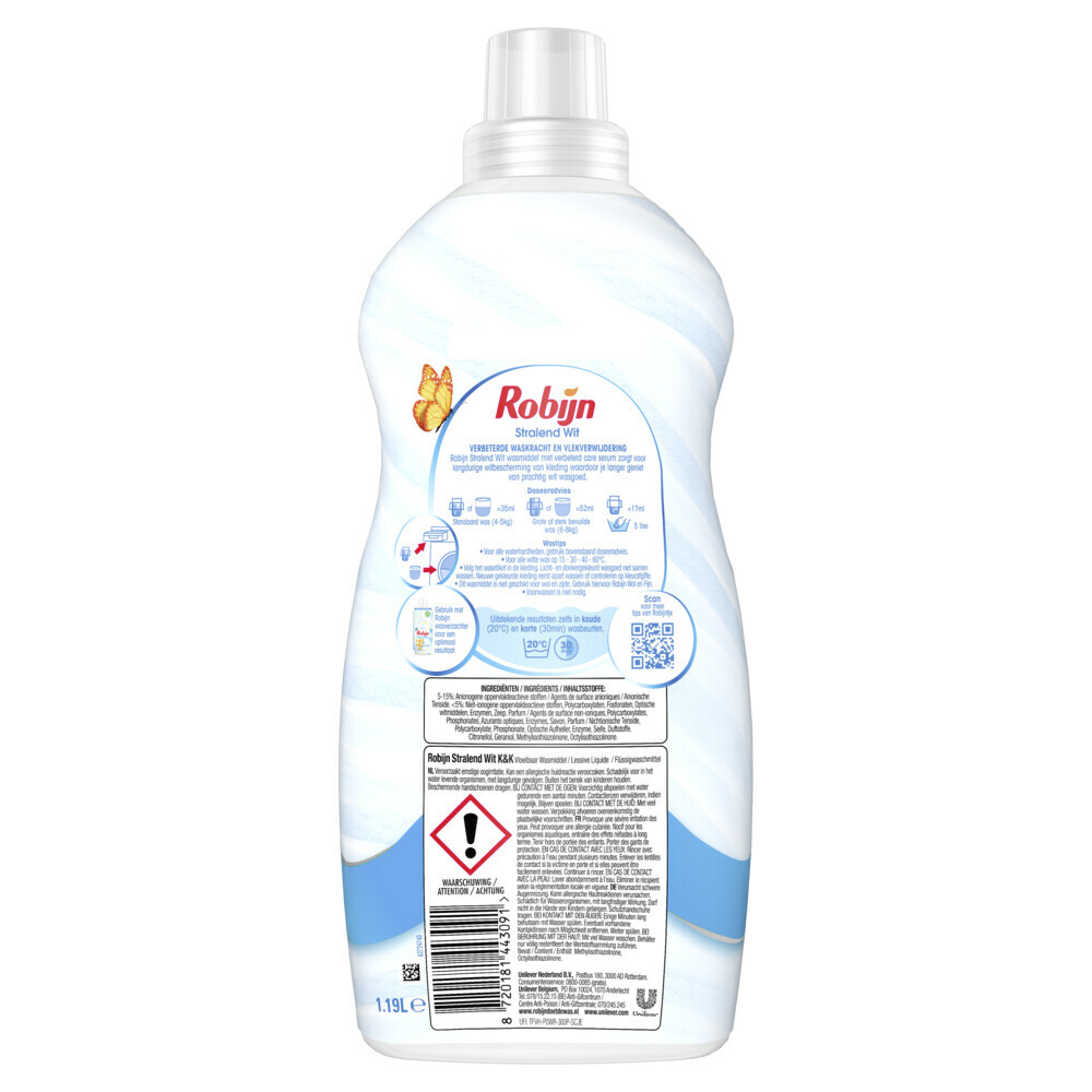 4x Robijn Klein & Krachtig Wasmiddel Stralend Wit 34 Wasbeurten1,19 liter