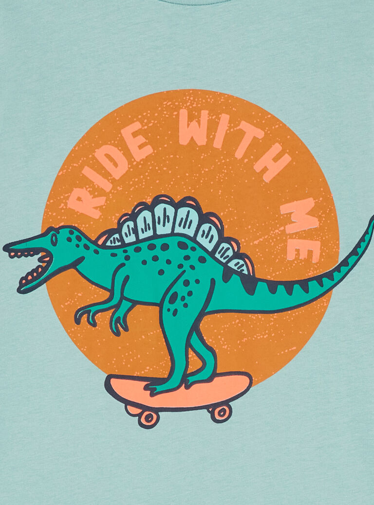 T-shirt bleu céladon à animation dinosaure