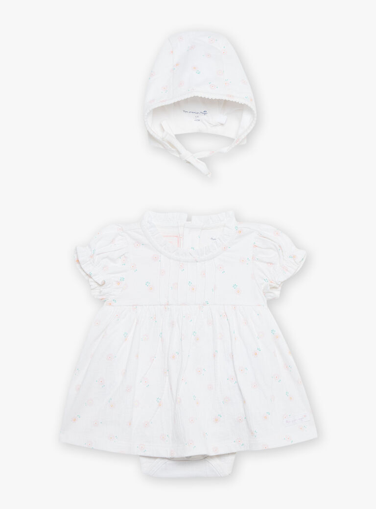 Robe et béguin de naissance blancs à imprimé fleurs