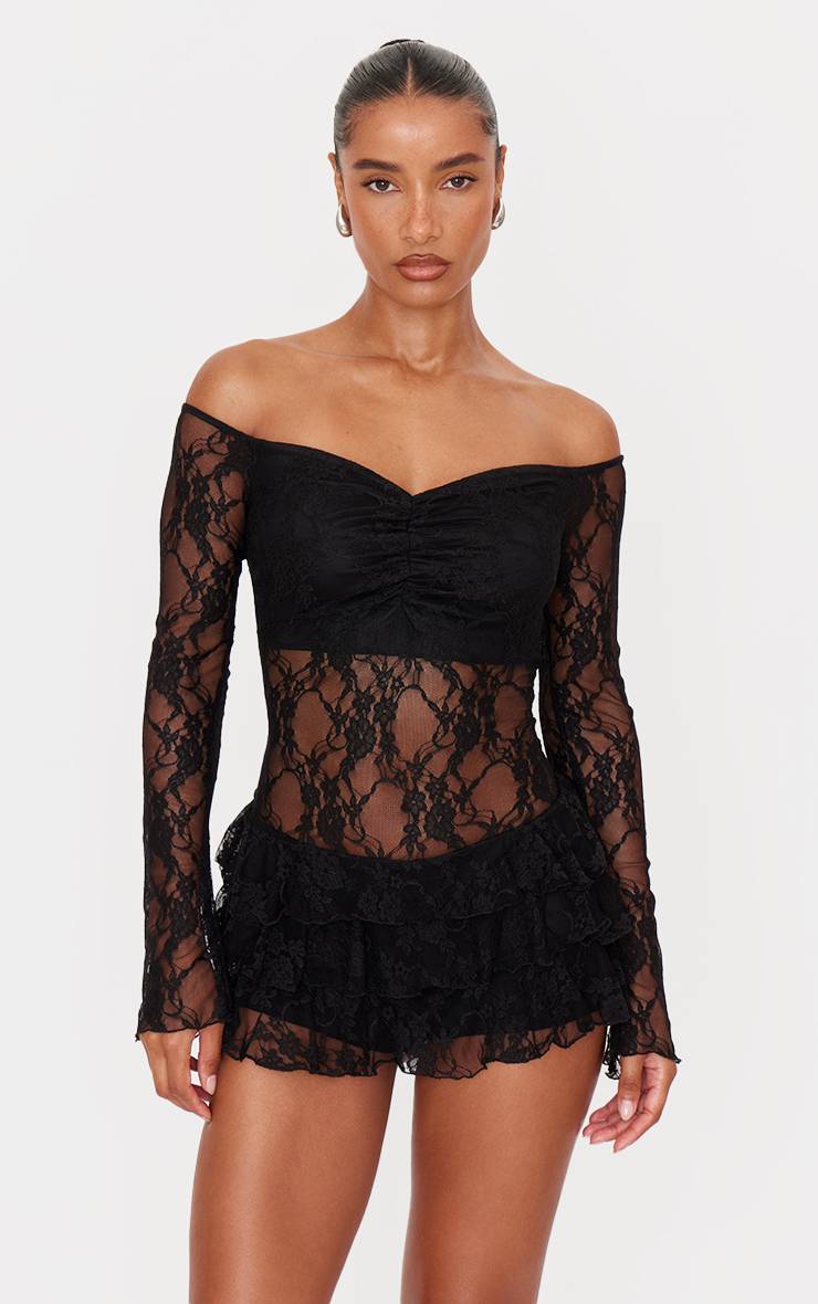 Noir Combishort Jupe-short Épaules Dénudées En Dentelle À Volants