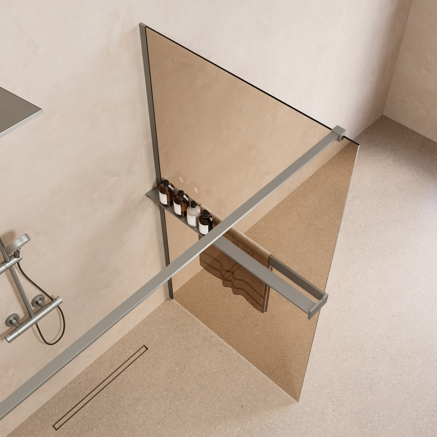Saniclear Metric inloopdouche 80cm met handdoekhouder en bronsglas RVS