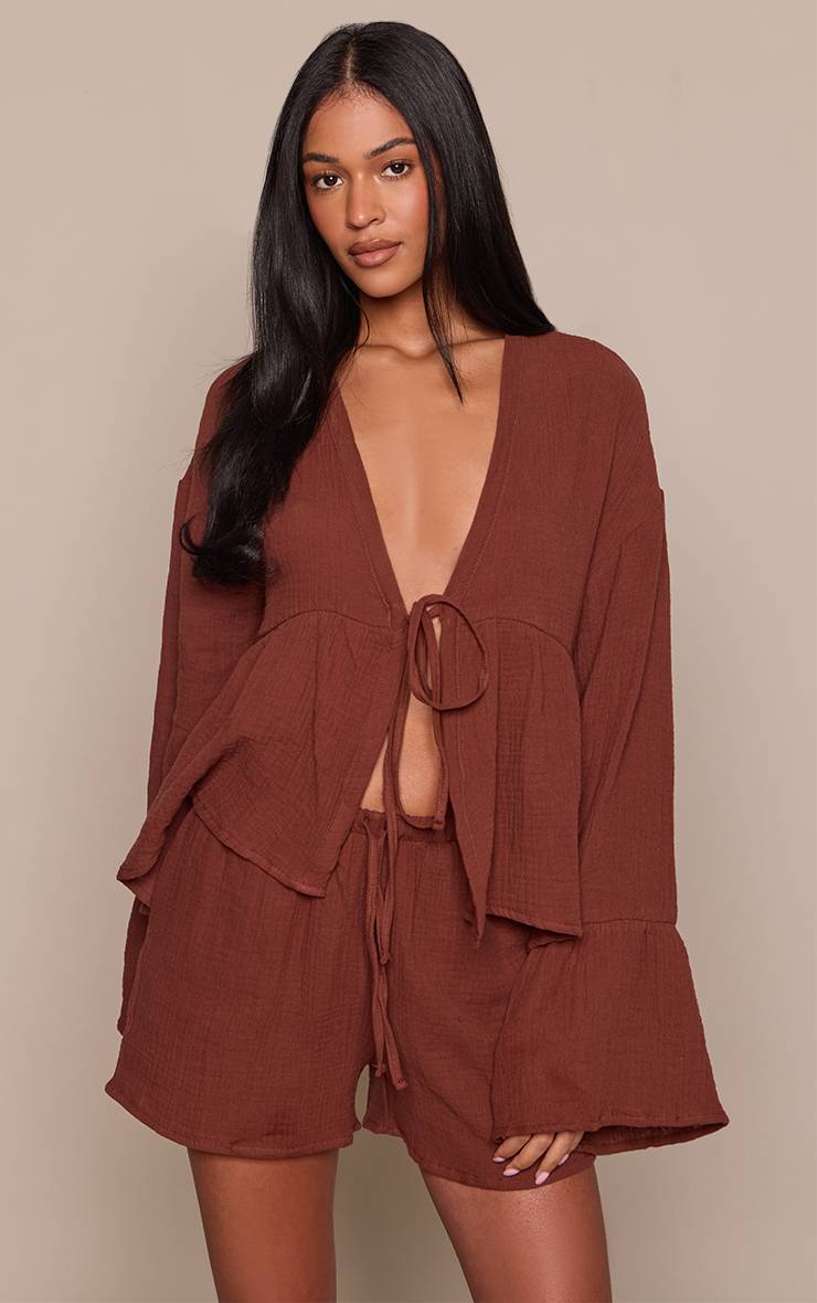 Chocolat Short Taille Haute En Gaze De Coton Avec Ceinture À Nouer - Ensemble Coordonné
