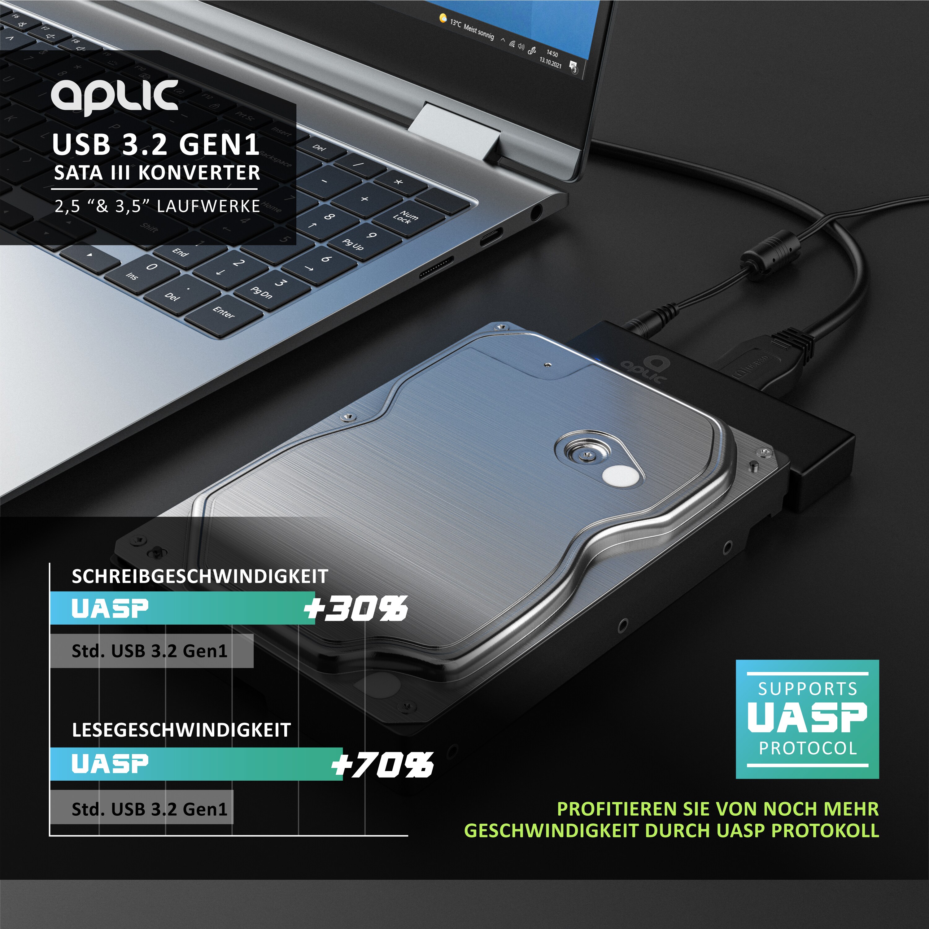 Aplic USB 3.0 zu SATA Konverter Kabel inkl. Netzteil - SATA 1/2/3 Festplatten & Laufwerke - UASP